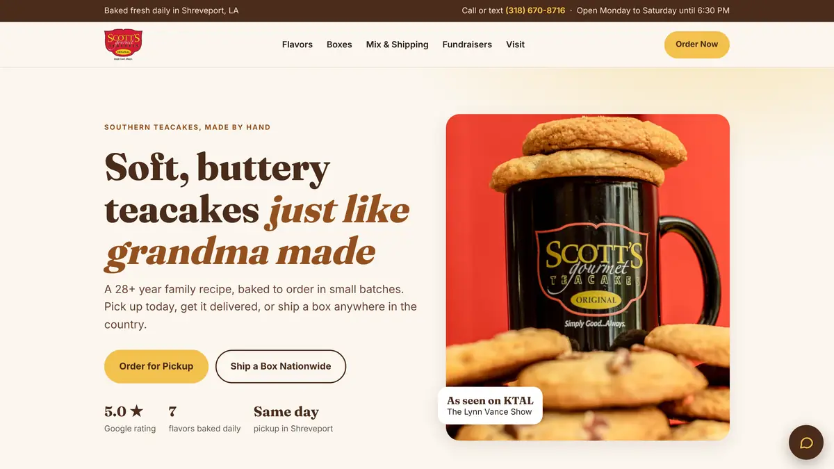 Sitio de Scott's Gourmet Teacakes después de que NLG lo renovó